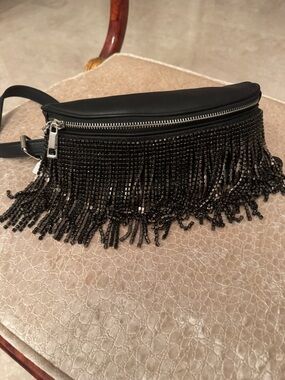Black Beaded Fringe Belt Bag